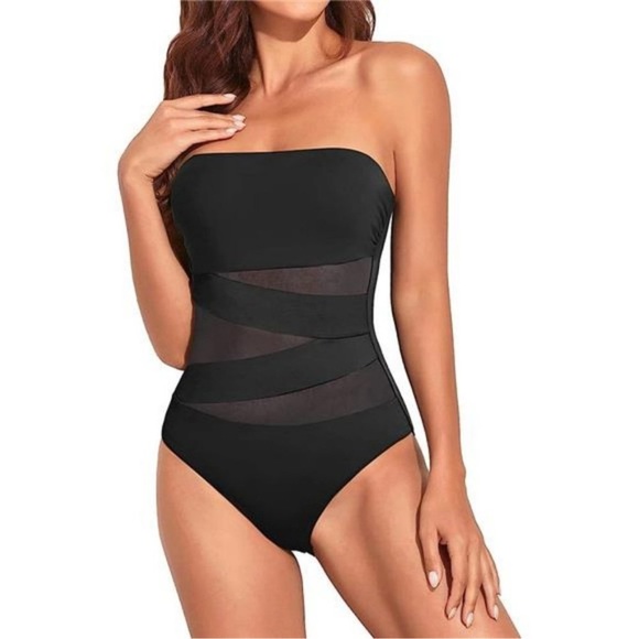 Strapless Bandeau One Piece Swimsuits Sexy Mesh Cutout Bathing Suits For Women - Picture 1 of 8